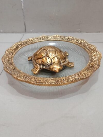 Premium Antique Gold Metal Vastu Tortoise with Glass Plate Set for Home Decor, Wealth Attraction Vastu Feng Shui & Festive Gifting (Pack of 1) By The Giftory