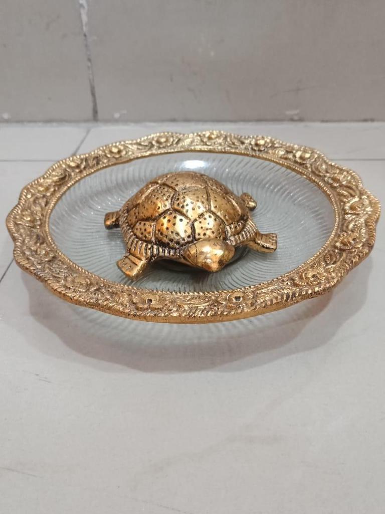 Premium Antique Gold Metal Vastu Tortoise with Glass Plate Set for Home Decor, Wealth Attraction Vastu Feng Shui & Festive Gifting (Pack of 1) By The Giftory