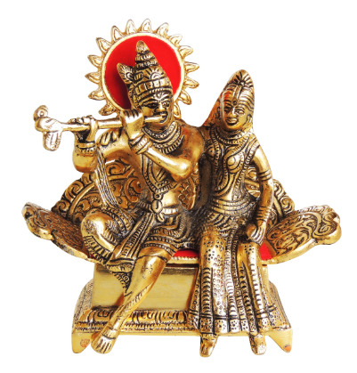 Premium Antique Gold Metal Radha Krishna Seated on Singhasan Idol with Decorative Sun Halo Backdrop for Home Temple Pooja Mandir Decor & Gifting (Pack of 1) By The Giftory