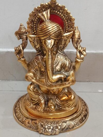 Premium Antique Gold Metal Pagdi Ganesha Idol with Decorative Sun Halo Backdrop for Home Temple Pooja Mandir Decor (Pack of 1) The Giftory