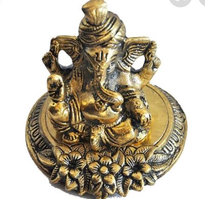 Premium Antique Gold Metal Pagdi Ganesha Idol on Round Floral Base for Home Temple Pooja Mandir Decor, Car Dashboard & Gifting (Pack of 1) By The Giftory