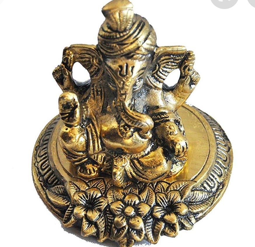 Premium Antique Gold Metal Pagdi Ganesha Idol on Round Floral Base for Home Temple Pooja Mandir Decor, Car Dashboard & Gifting (Pack of 1) By The Giftory