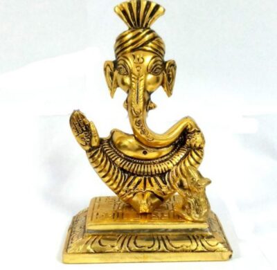 Premium Antique Gold Metal Abstract Ganesha Idol with Mushak Raj on Square Base for Home Temple Pooja Mandir Decor, Car Dashboard & Gifting (Pack of 1) By The Giftory