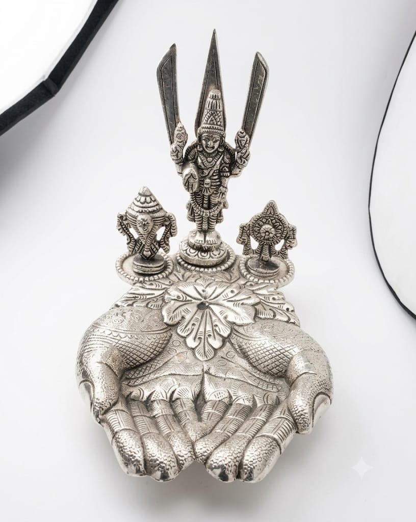 Premium German Silver Plated Tirupati Balaji Shankh Chakra Trishul Standing on Blessing Palms Statue - Auspicious Vastu Shanku Chakra Namam Open Hand Figurine for Pooja Mandir & Return Gifting By The Giftory