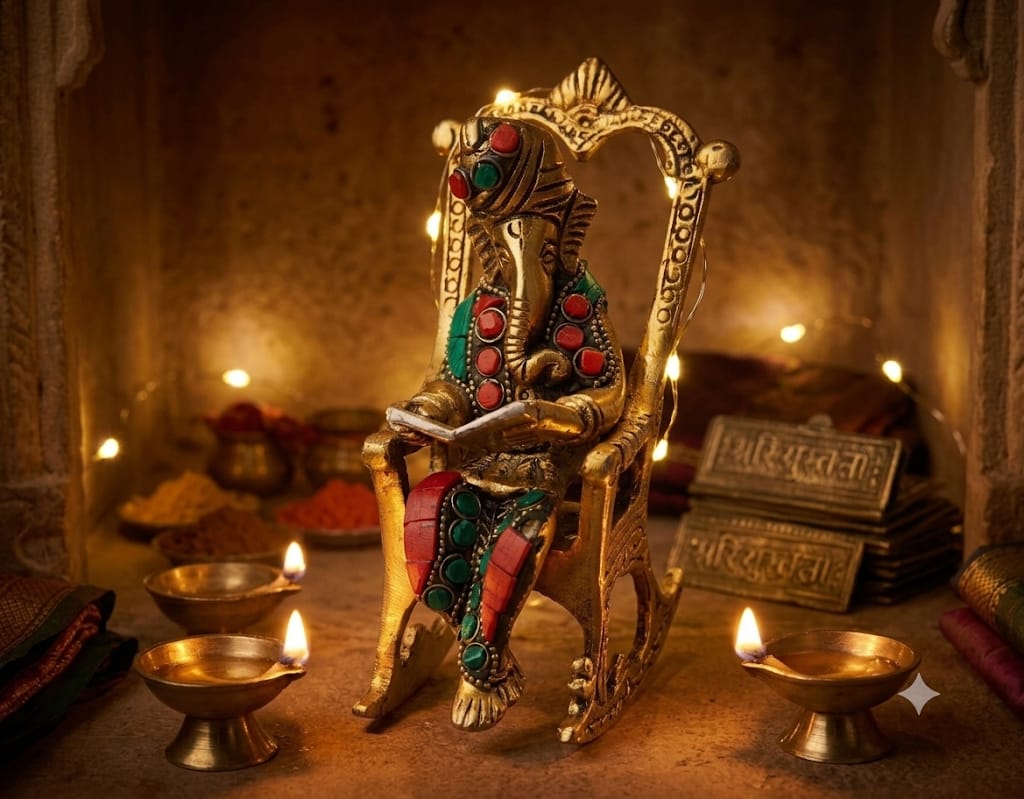 Premium Golden Metal Reading Ganesha on Rocking Chair Statue - Traditional Antique Gold Blessing Ganpati Murti with Colorful Meenakari Bead Work for Home Decor, Office Desk & Festive Gifting By The Giftory - Image 2