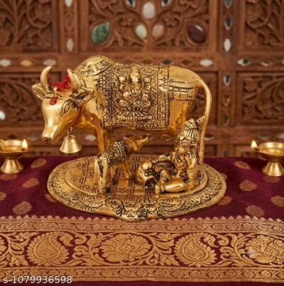 Premium Antique Gold Metal Kamdhenu Cow and Calf with Bal Krishna Idol for Home Temple Pooja Mandir Vastu Decor & Gifting (Pack of 1) By The Giftory