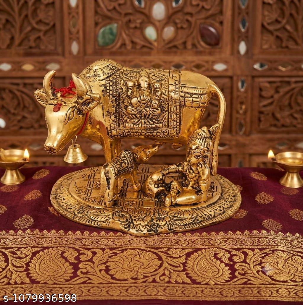 Premium Antique Gold Metal Kamdhenu Cow and Calf with Bal Krishna Idol for Home Temple Pooja Mandir Vastu Decor & Gifting (Pack of 1) By The Giftory
