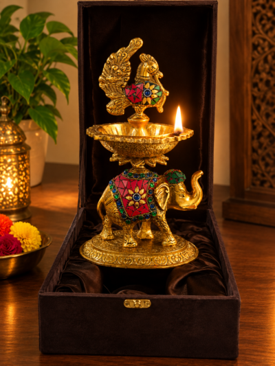 Premium Golden Metal Elephant Peacock Samai Diya with Vibrant Bead Work - Antique Gold Finish Hathi Mor Oil Lamp Stand with Luxury Velvet Box for Festive Gifting By The Giftory