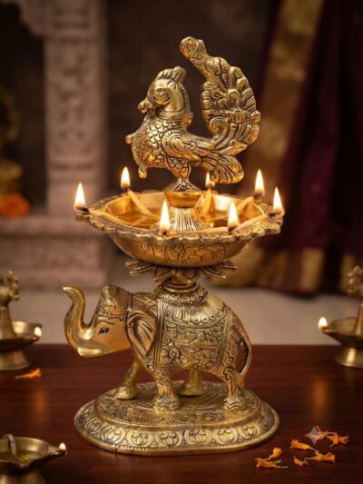 Pure Brass Finish Elephant Base Peacock Oil Lamp - Traditional Antique Gold 7-Wick Hathi Samai Kuthu Vilakku Deepak for Home Temple & Festive Gifting By The Giftory