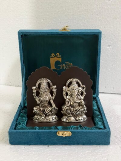 Pure Brass Finish Laxmi Ganesha Statue Pair on Acrylic Base with Velvet Box - Traditional Antique Gold Lakshmi Ganesh Murti Set for Diwali Puja & Return Gifting By The Giftory
