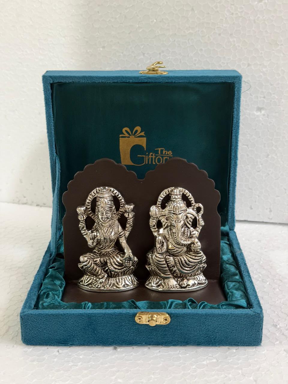 Pure Brass Finish Laxmi Ganesha Statue Pair on Acrylic Base with Velvet Box - Traditional Antique Gold Lakshmi Ganesh Murti Set for Diwali Puja & Return Gifting By The Giftory
