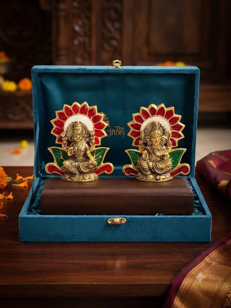 Pure Brass Finish Laxmi Ganesha Statue Set with Red and Green Meenakari Backrest - Traditional Antique Gold Lakshmi Ganesh Murti Pair with Luxury Velvet Box for Diwali Puja & Festive Return Gifting By The Giftory