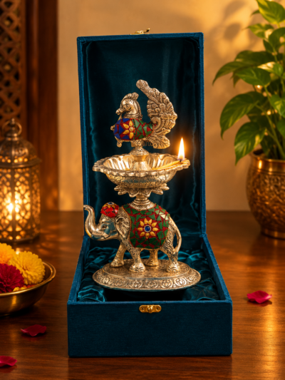 Premium German Silver Plated Elephant Peacock Samai Diya with Vibrant Bead Work - Elegant Silver Finish Hathi Mor Oil Lamp Stand with Luxury Velvet Box for Return Gifting By The Giftory