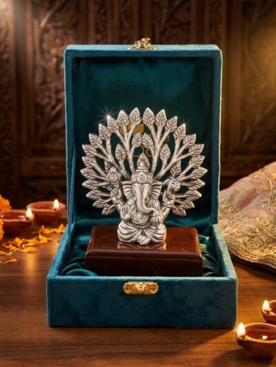 Premium German Silver Plated Lord Ganesha under Kalpavriksha Tree Statue - Elegant Antique Silver Finish Ganesh Murti on Wooden Base with Luxury Velvet Gift Box for Mandir & Return Gifting By The Giftory