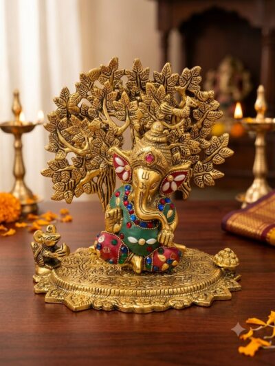 Premium Golden Metal Lord Ganesha under Kalpavriksha Tree Statue with Bead Work - Traditional Antique Gold Ganesh Murti with Mouse on Designer Plate for Mandir By The Giftory