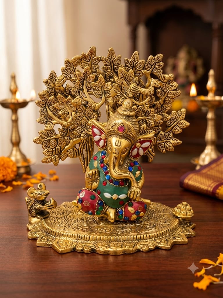 Premium Golden Metal Lord Ganesha under Kalpavriksha Tree Statue with Bead Work - Traditional Antique Gold Ganesh Murti with Mouse on Designer Plate for Mandir By The Giftory