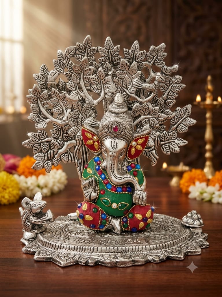 Premium German Silver Plated Lord Ganesha under Kalpavriksha Tree Statue with Bead Work - Elegant Silver Finish Ganesh Murti with Mouse on Designer Plate for Gifting By The Giftory