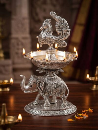 Premium German Silver Plated Elephant Base Peacock Oil Lamp - Elegant Antique Silver Finish 7-Wick Hathi Samai Diya Stand for Pooja Mandir & Gifting By The Giftory