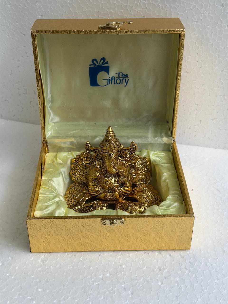 Pure Brass Finish Lord Ganesha Idol on Blessing Hand Stand with Velvet Gift Box - Traditional Antique Gold Trunk Up Ganpati Figurine for Home Mandir Puja, Vastu & Festive Return Gifting By The Giftory