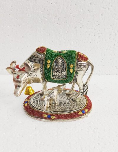 Premium German Silver Kamdhenu Cow and Calf Statue with Intricate Meenakari Bead Work - Auspicious Vastu Gau Mata Decorative Idol for Mandir & Festive Gifting By The Giftory