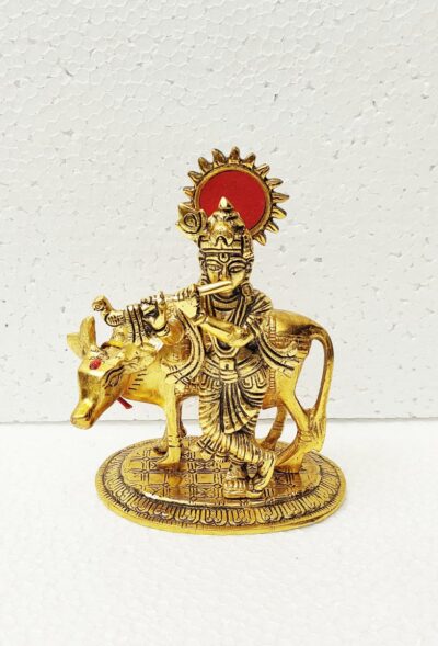 Premium Antique Gold Metal Lord Krishna with Cow Idol and Decorative Sun Halo Backdrop for Home Temple Pooja Mandir Decor & Gifting (Pack of 1) By The Giftory