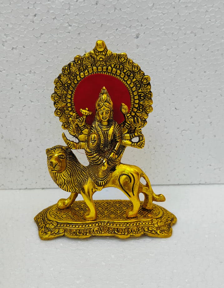 Divine Golden Metal Maa Durga Sherawali Statue - Traditional Navratri Puja Goddess Durga On Lion Idol with Red Velvet Prabhavali Backrest for Mandir & Festive Gifting By The Giftory
