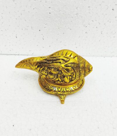 Auspicious Golden Metal Shankh on Tortoise Stand with Lord Vishnu Carving - Decorative Vastu Vishnu Shankha Kachua Base Figurine for Pooja Mandir, Home Decor & Festive Gifting By  The  Giftory