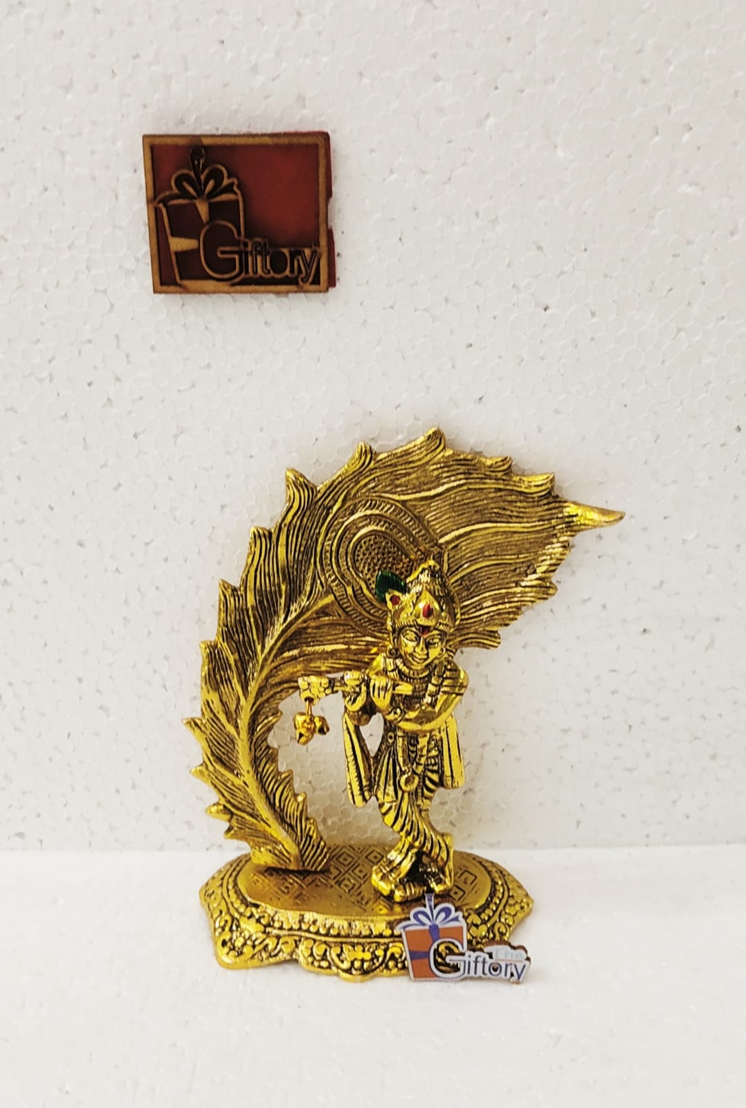 Pure Brass Finish Lord Krishna with Big Metallic Mor Pankh Statue - Traditional Antique Gold Flute Playing Krishna Murti for Home Temple, Vastu & Return Gifting By The Giftory