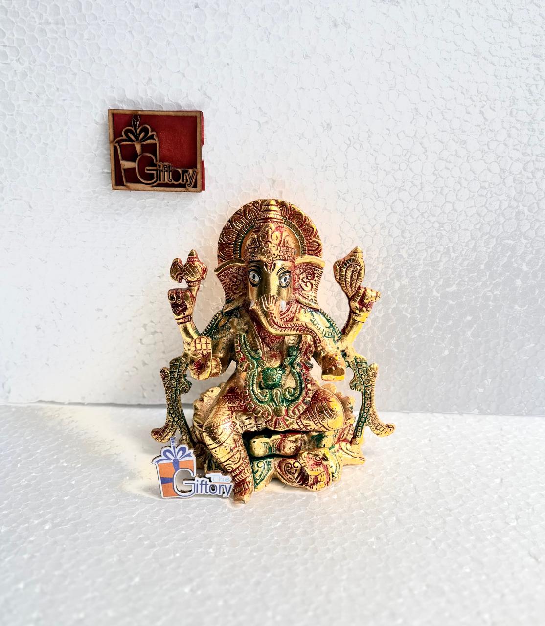 Divine Handcrafted Lord Ganesha Chaturbhuj Statue with Vibrant Meenakari Paint Work - Traditional Four-Armed Blessing Ganpati Idol for Car Dashboard, Pooja Mandir & Return Gifting By The Giftory