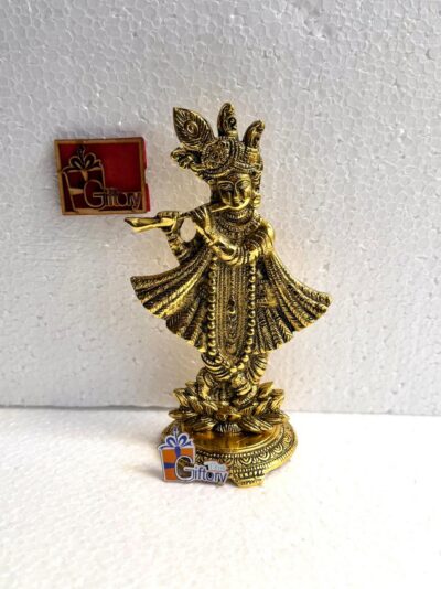 Pure Brass Finish Lord Krishna Flute Playing Statue - Traditional Antique Gold Laddu Gopal Figurine on Lotus Base for Car Dashboard, Pooja Mandir & Return Gifting By The Giftory