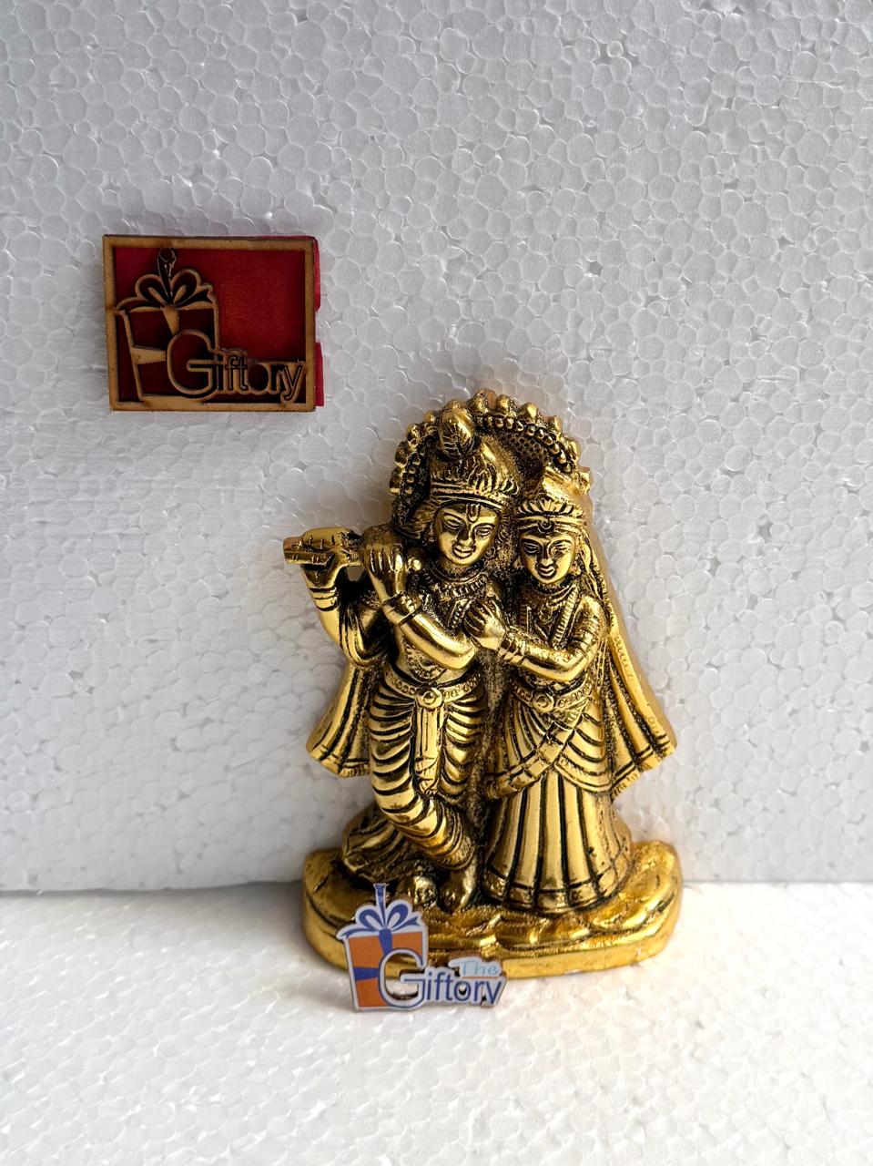 Pure Brass Finish Radha Krishna Golden Metal Idol - Traditional Antique Gold Flute Playing Krishna Radha Murti for Home Temple, Vastu & Festive Return Gifting By The Giftory