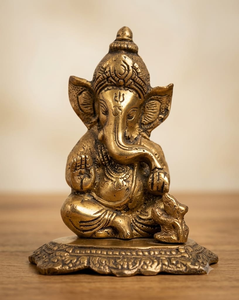 Pure Brass Finish Lord Ganesha Idol on Chowki - Antique Golden Metal Blessing Vinayaka Statue for Car Dashboard, Pooja Mandir & Wedding Return Gifting By The Giftory