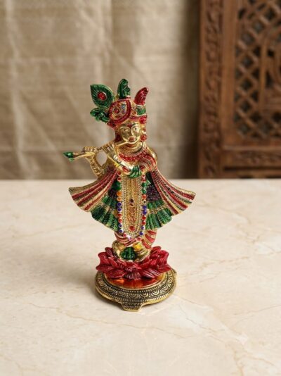 Divine Handcrafted Lord Krishna Idol with Vibrant Meenakari Paint Work - Decorative Colorful Flute Playing Krishna Statue on Lotus Pedestal for Mandir & Festive Gifting By The Giftory