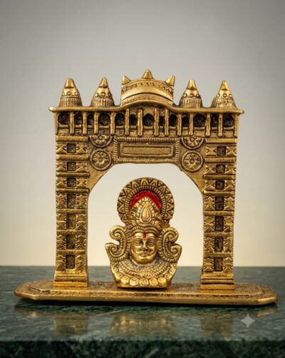 Pure Brass Finish Lord Venkateshwara Balaji Face with Temple Main Gate Arch Statue - Traditional Antique Gold Tirupati Balaji Murti under Mandir Dwar for Car Dashboard, Pooja Room & Festive Gifting By The Giftory