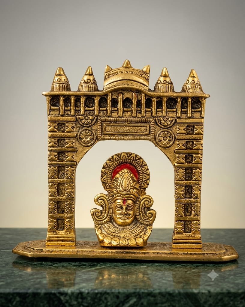Pure Brass Finish Lord Venkateshwara Balaji Face with Temple Main Gate Arch Statue - Traditional Antique Gold Tirupati Balaji Murti under Mandir Dwar for Car Dashboard, Pooja Room & Festive Gifting By The Giftory