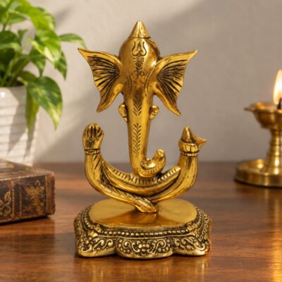 Pure Brass Finish Metal Ganesha on Blessing Hand Stand Statue - Traditional Antique Gold Trunk Up Ganpati Figurine for Home Mandir Pooja, Vastu & Festive Gifting By The Giftory