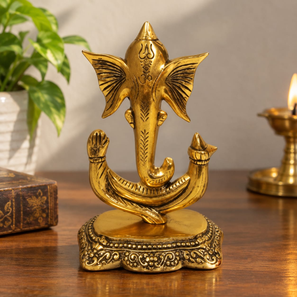Pure Brass Finish Metal Ganesha on Blessing Hand Stand Statue - Traditional Antique Gold Trunk Up Ganpati Figurine for Home Mandir Pooja, Vastu & Festive Gifting By The Giftory