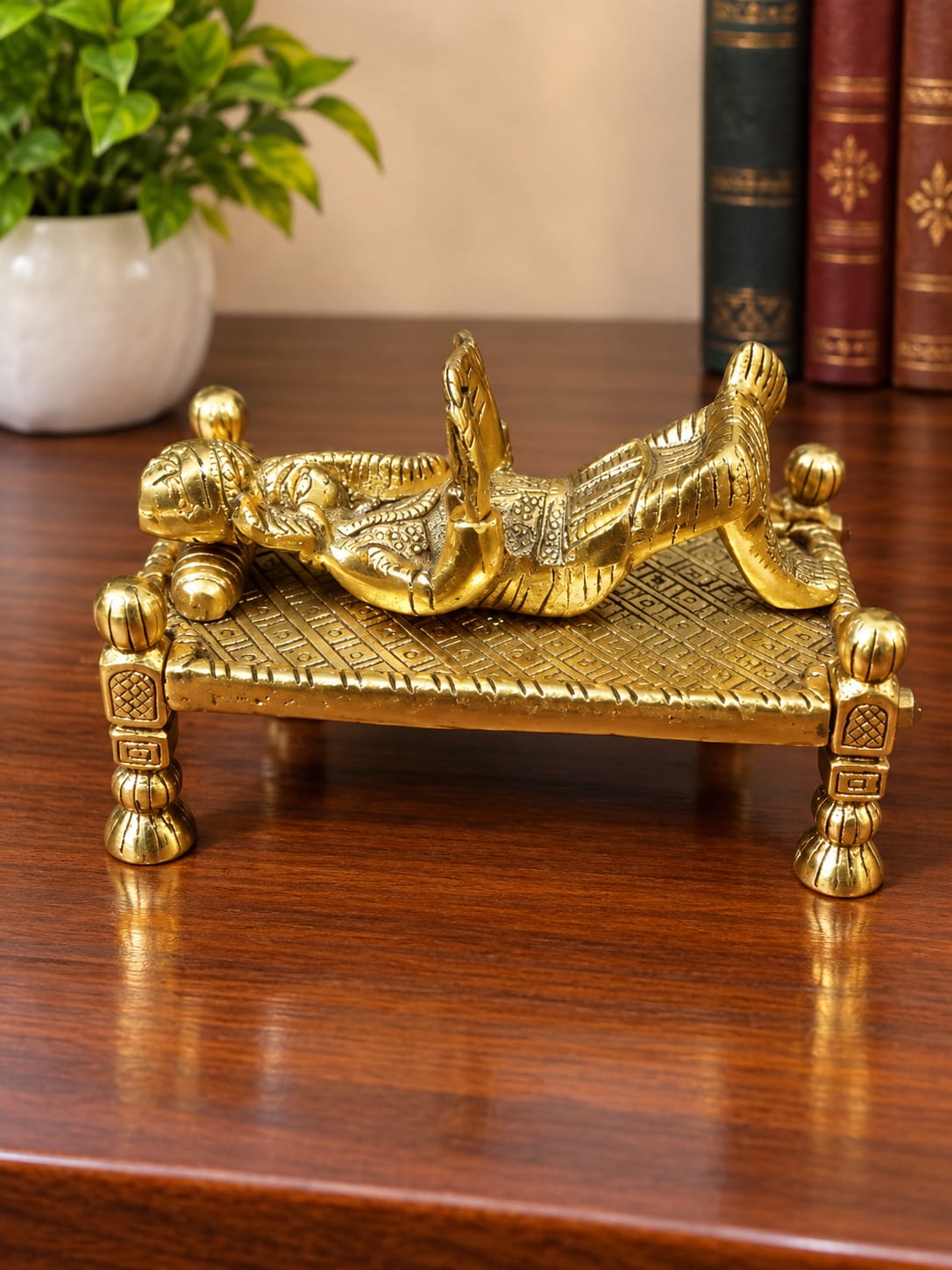 Pure Brass Finish Lord Ganesha Relaxing on Khatiyah Statue - Traditional Antique Gold Laddu Gopal Krishna Lying on Charpai Bed Figurine for Car Dashboard, Pooja Mandir & Return Gifting By The Giftory - Image 2