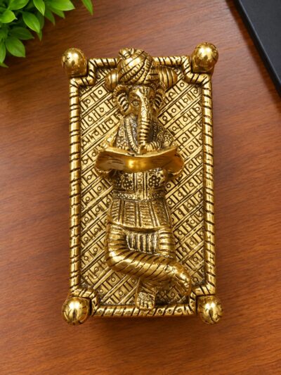 Pure Brass Finish Lord Ganesha Relaxing on Khatiyah Statue - Traditional Antique Gold Laddu Gopal Krishna Lying on Charpai Bed Figurine for Car Dashboard, Pooja Mandir & Return Gifting By The Giftory