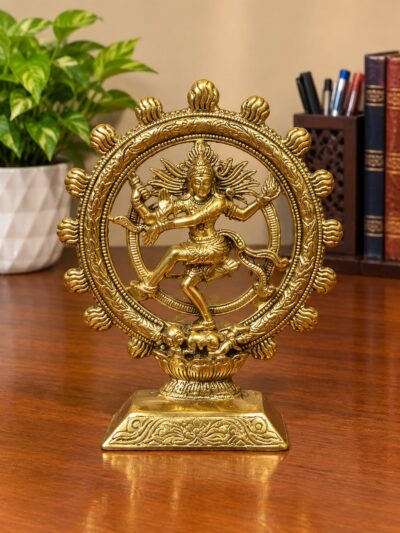 Pure Brass Finish Lord Shiva Nataraja Statue - Traditional Antique Gold Cosmic Dancer Natraj Idol with Prabhamandala Fire Arch for Home Mandir, Vastu & Festive Gifting By The Giftory