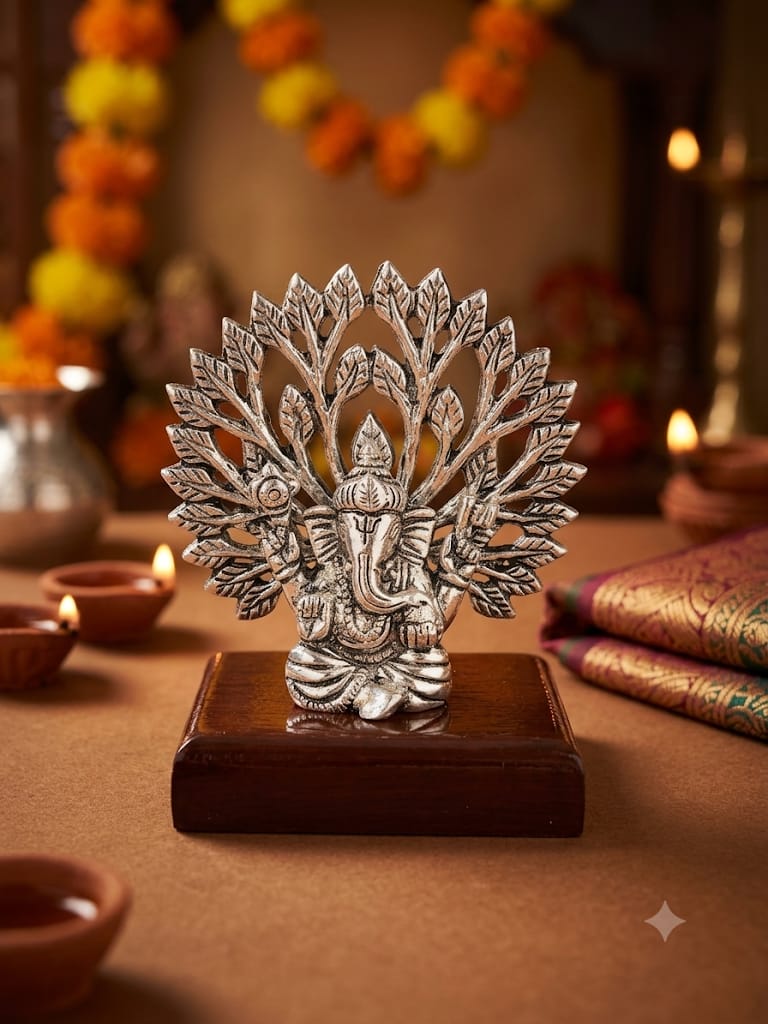 Premium German Silver Plated Lord Ganesha under Kalpavriksha Tree Statue - Elegant Antique Silver Finish Ganesh Murti on Wooden Base with Luxury Velvet Gift Box for Mandir & Return Gifting By The Giftory - Image 2