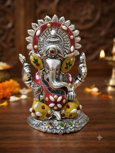 Premium German Silver Plated Lord Ganesha Statue with Intricate Bead and Stone Work - Royal Vastu Vinayaka Murti for Home Pooja Mandir, Living Room & Luxury Festive Gifting By The Giftory