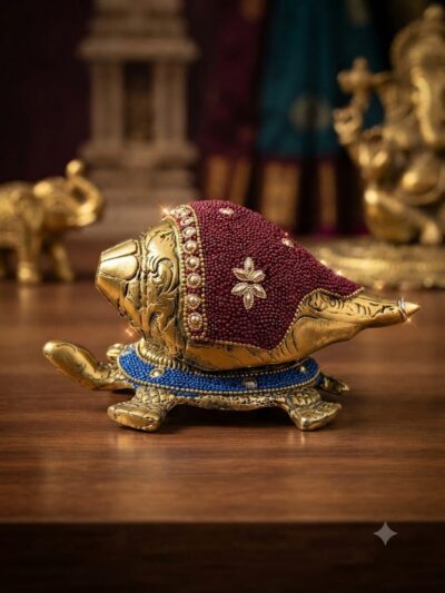 Premium Golden Metal Shankh on Tortoise Stand with Royal Meenakari Bead Work - Decorative Vastu Kachua Conch Shell Figurine with Luxury Velvet Gift Box for Pooja Mandir & Return Gifting By The Giftory