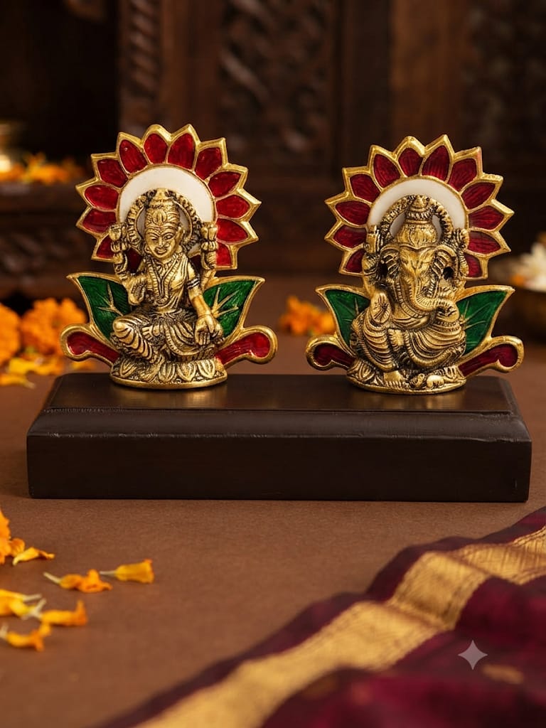 Pure Brass Finish Laxmi Ganesha Statue Set with Red and Green Meenakari Backrest - Traditional Antique Gold Lakshmi Ganesh Murti Pair with Luxury Velvet Box for Diwali Puja & Festive Return Gifting By The Giftory - Image 2