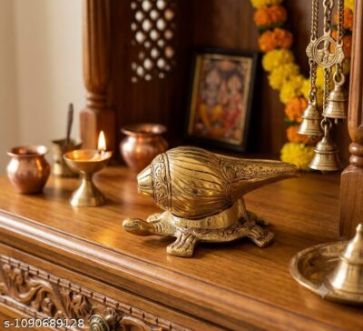 Auspicious Golden Metal Shankh on Tortoise Stand Statue - Decorative Engraved Conch Shell Kachua Base Figurine for Pooja Mandir, Vastu Shastra & Festive Gifting By The Giftory