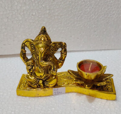 Premium Antique Gold Finish Brass Ganesha Idol with Crown and Lotus Tealight Holder, Spiritual Diya Showpiece for Pooja Ghar, Diwali Decor, and Housewarming Gifting By The Giftory
