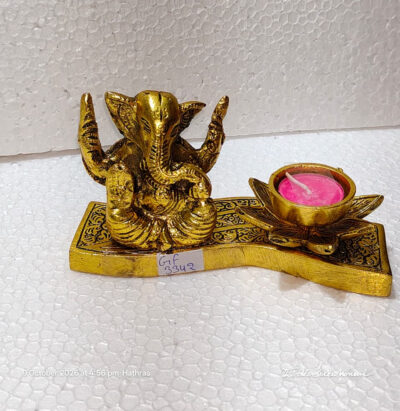Premium Antique Gold Finish Brass Ganesha Idol with Lotus Tealight Holder, Spiritual Diya Showpiece for Home Mandir, Diwali Decor, and Housewarming Gifting By The Giftory