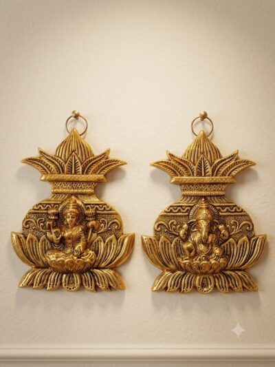Pure Brass Finish Laxmi Ganesh Metal Wall Hanging Set - Traditional Antique Gold Lakshmi Ganesha Kalash Panel Pair for Home Door Entrance, Vastu & Festive Gifting By The Giftory