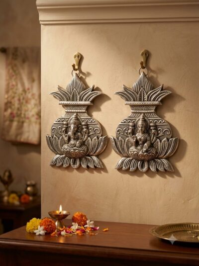 Premium German Silver Plated Laxmi Ganesh Wall Hanging Set - Elegant Antique Silver Finish Lakshmi Ganesha Kalash Urn Panel Pair for Main Door Entrance & Diwali Decor By The Giftory