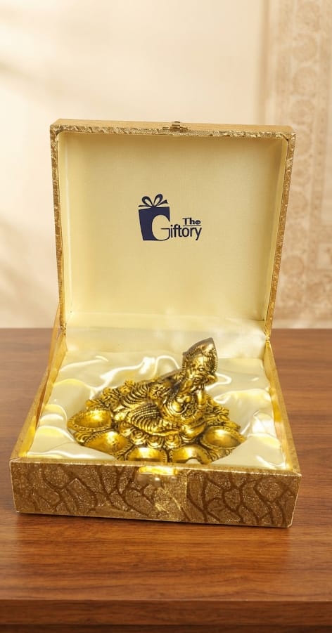 Pure Brass Finish Lord Ganesha 5-Batti Diya Stand with Velvet Gift Box - Traditional Antique Gold Blessing Ganpati Panch Mukhi Oil Lamp for Pooja Mandir & Return Gifting By The Giftory